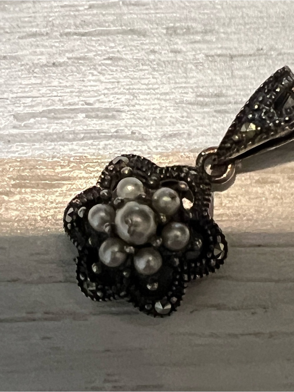 Vintage Sterling Silver Pearl and Marcasite Flower Petite Pendant